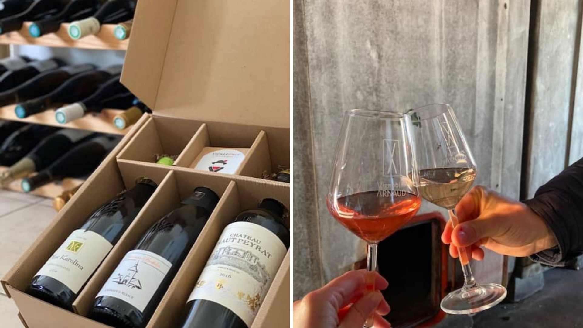 photos représentant deux verres de vin rouge et une caisse avec des bouteilles de vin 