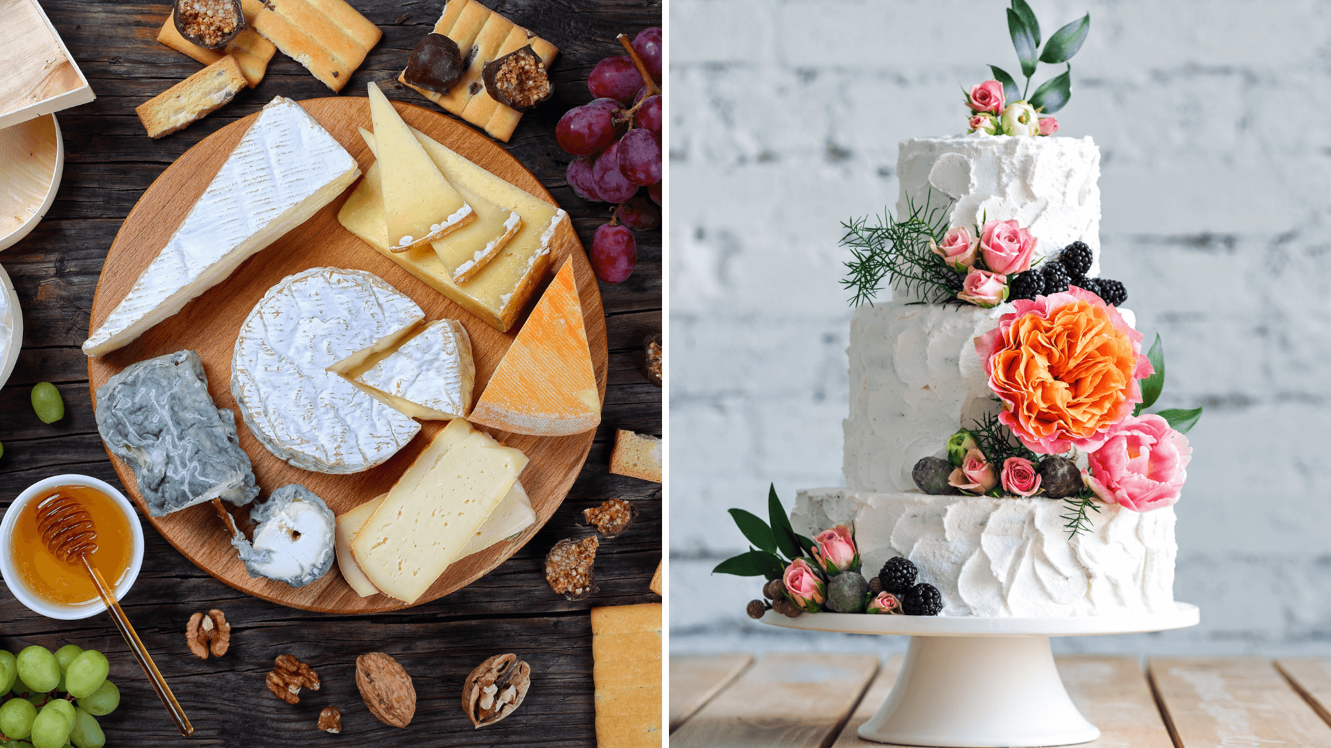 Plateau de fromage et gâteau de mariage