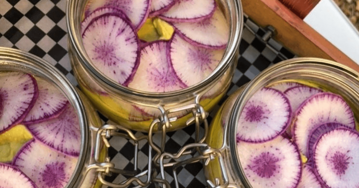 Pot en verre avec radis violets et jaunes