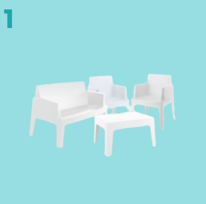 1 – Ensemble box 1 canapé + 2 fauteuils + 1 table