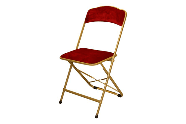 Chaise «Conférence» pliante dorée et assise/dossier en velours bordeaux