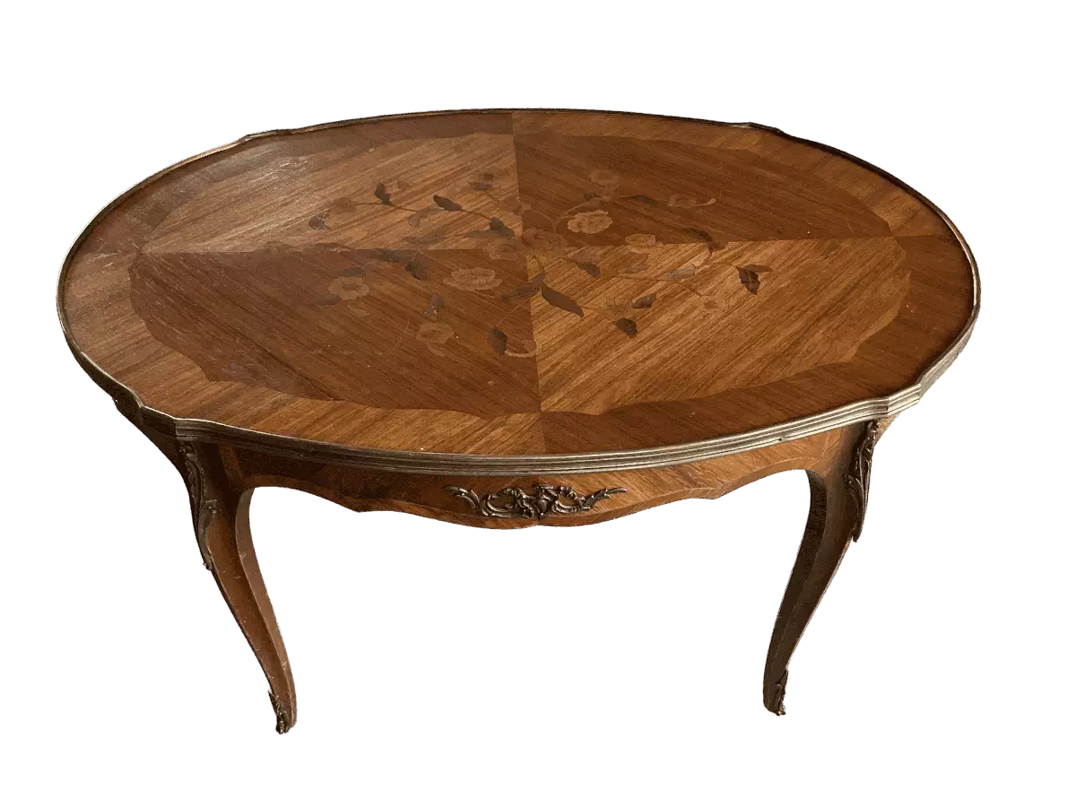 Table basse bois ovale marqueterie dorures