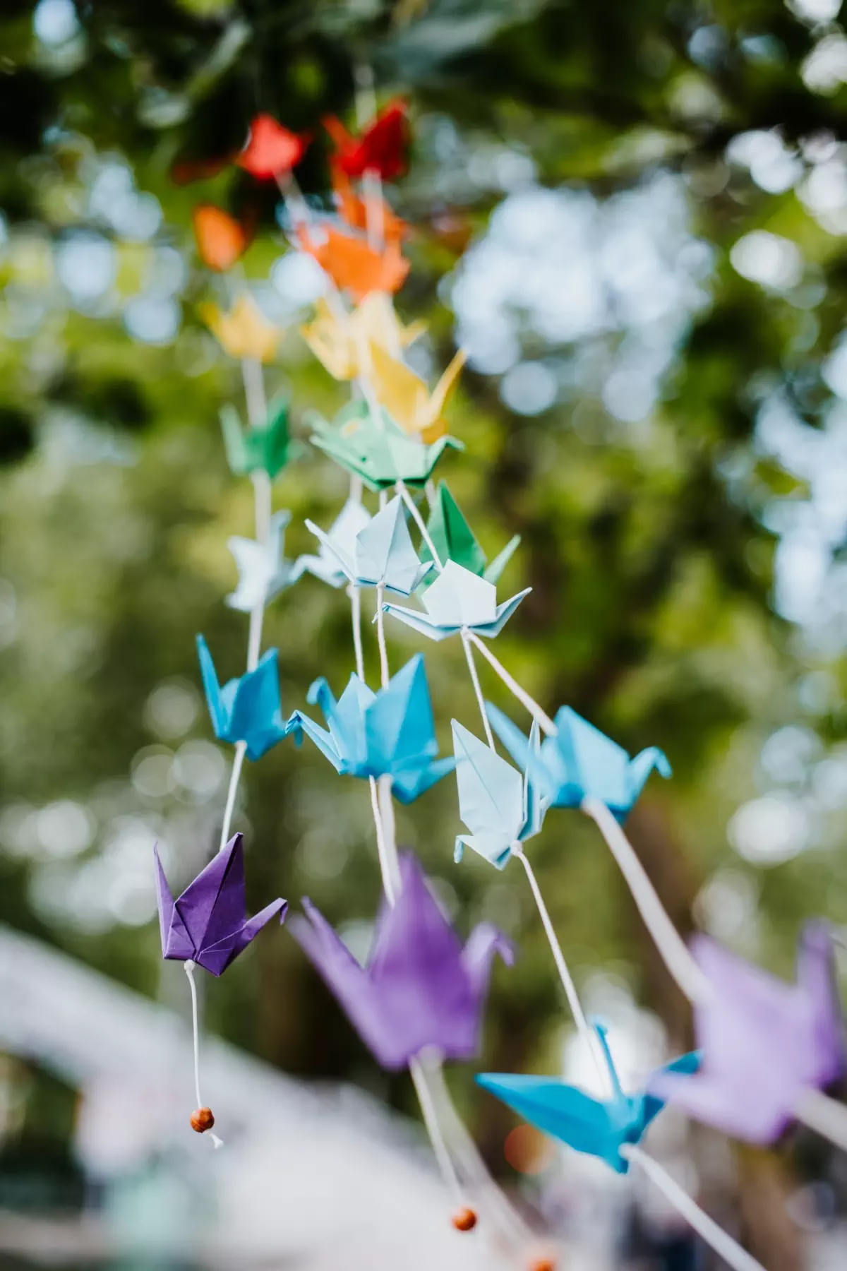 Guirlandes de grues en origami aux couleurs de l'arc-en-ciel