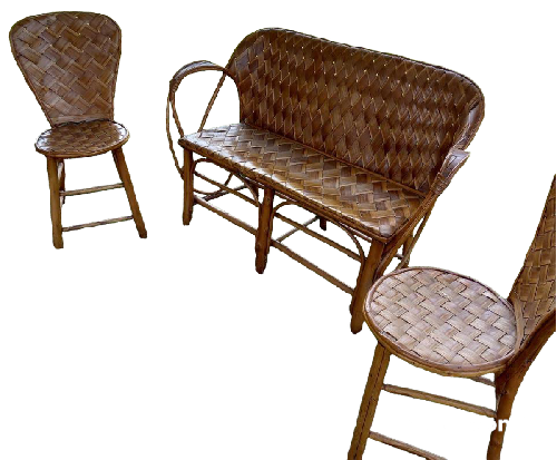 Salon châtaignier tressé accoudoirs 1 canapé + 2 chaises + 1 table (sans coussin) 