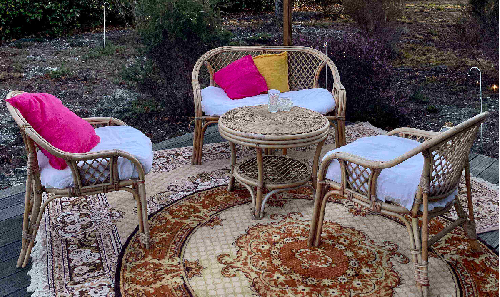 Salon rotin naturel croisillons canapé + 2 fauteuils + 1 table (avec coussins d'assise)