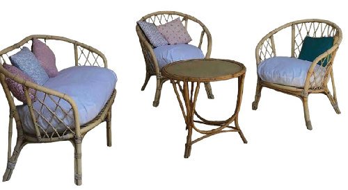 Salon rotin naturel clair canapé + 2 fauteuils + 1 table (avec coussins d'assise) 