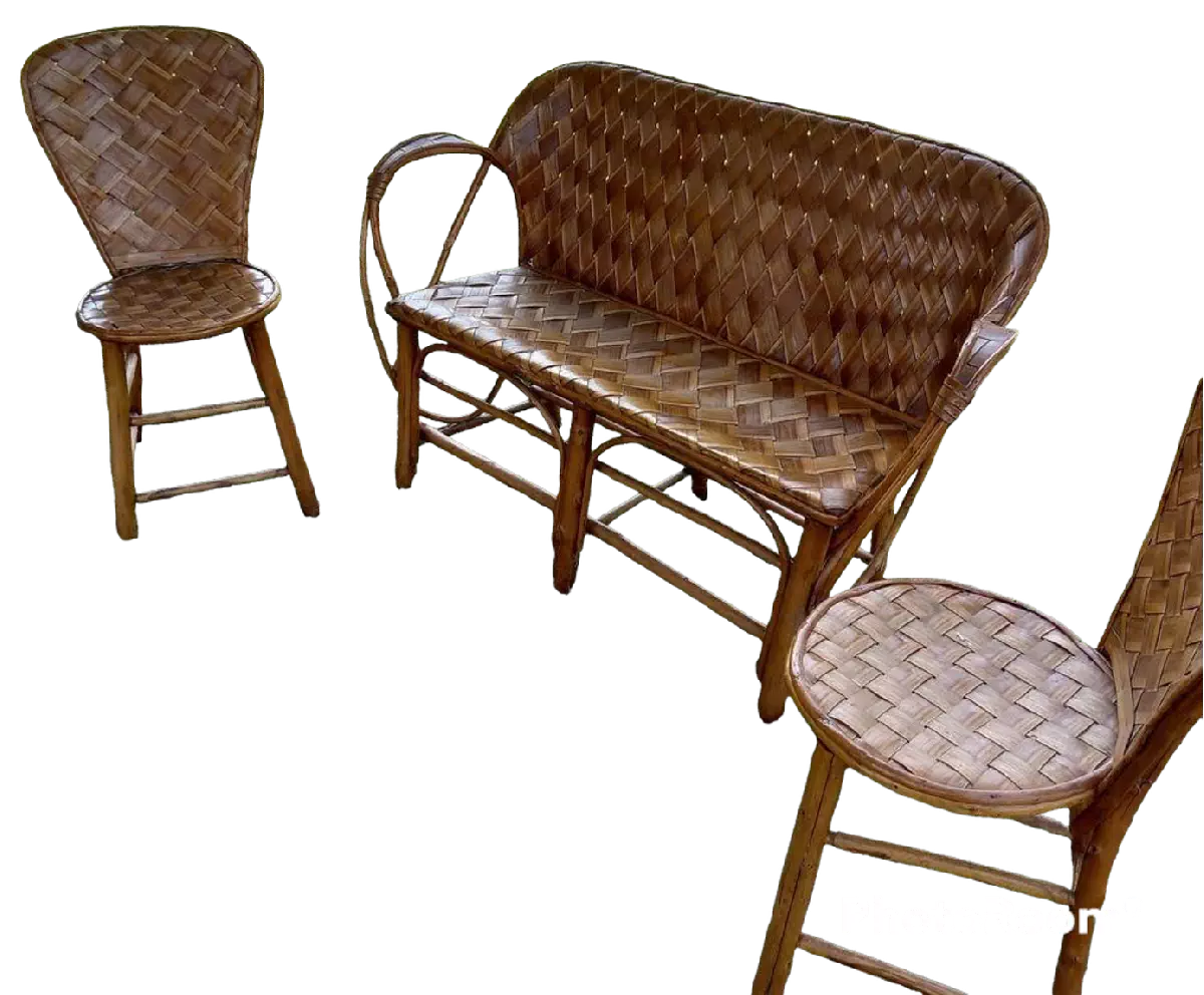Salon châtaignier tressé accoudoirs 1 canapé + 2 chaises + 1 table (sans coussin) 
