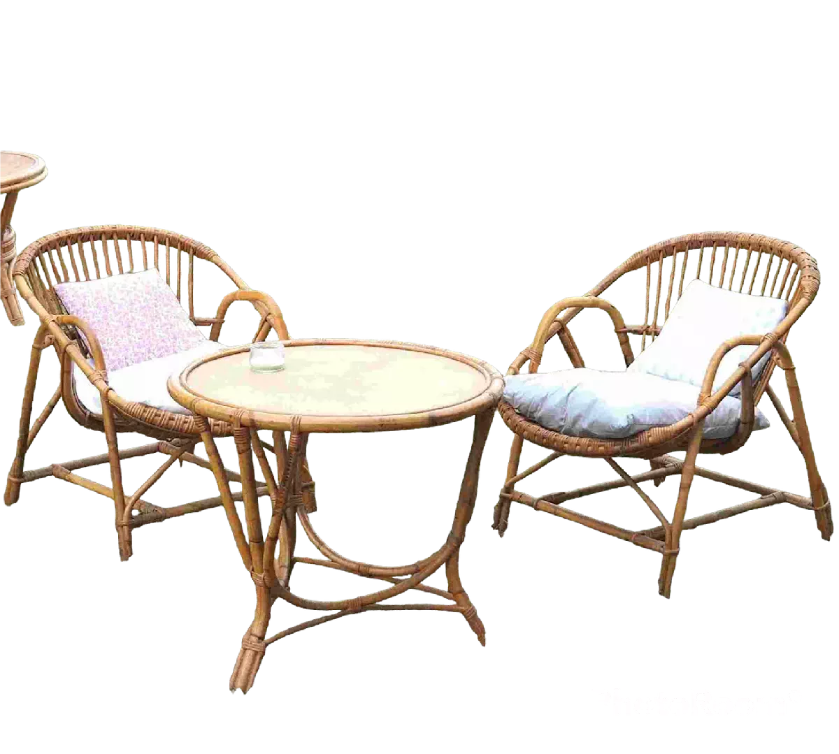 Salon rotin 4 fauteuils + 1 table (avec coussins d'assise) 
