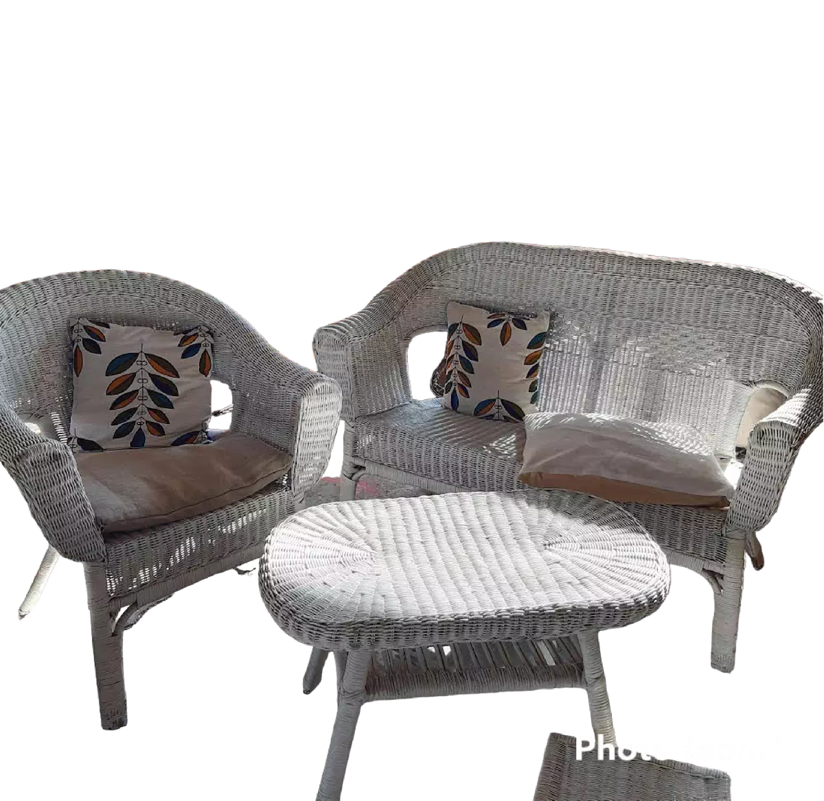Salon osier tressé blanc 1 canapé + 1 fauteuil + 1 table (sans coussin) 