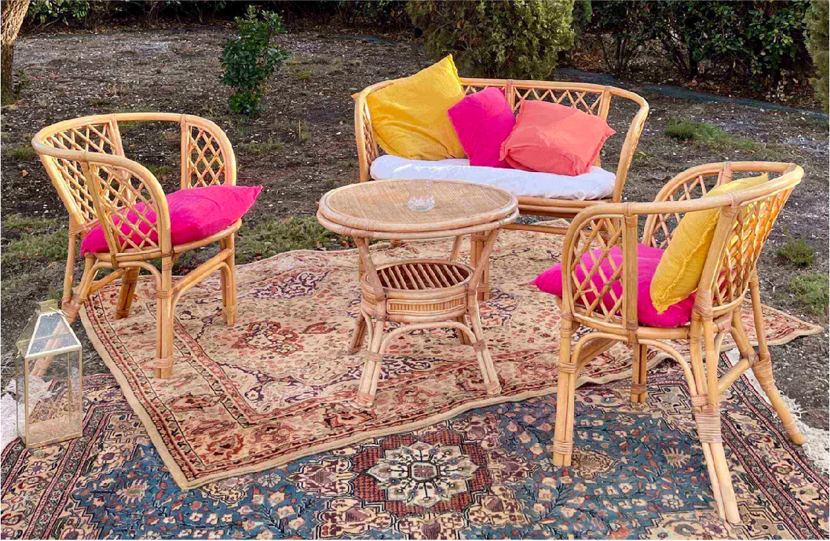Salon rotin naturel haut croisillons canapé + 2 fauteuils + 1 table (avec coussins d'assise, deux disponibles) 