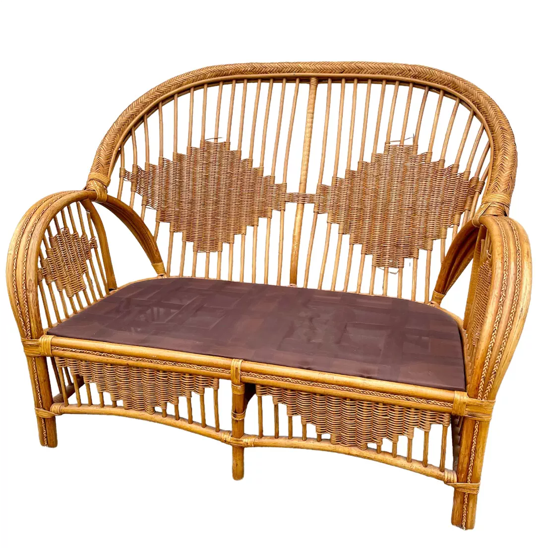 Salon rotin accoudoirs tressé losange canapé + 2 fauteuils + 1 table (avec coussins d'assise)
