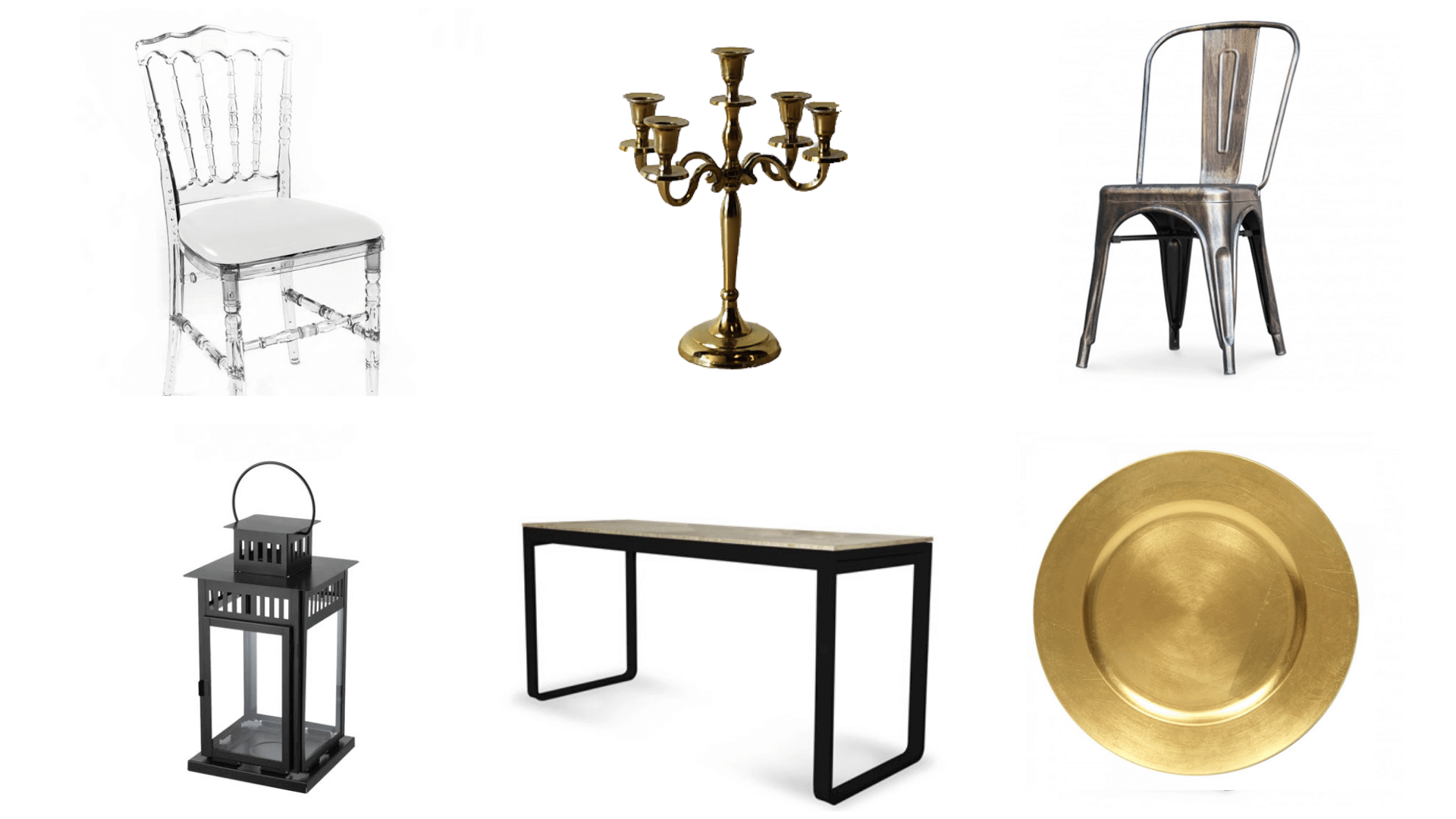 Matériel de location : chaises, bougeoir, table et décorations