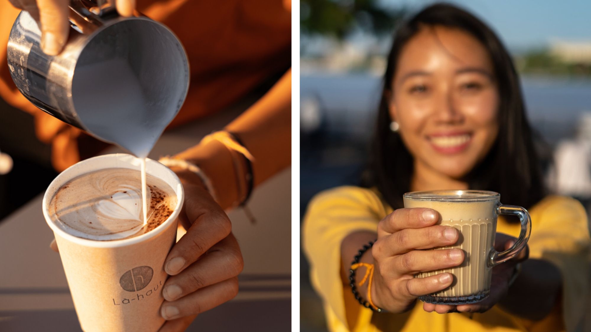 photo représentant une femme offrant un café dans un gobelet 