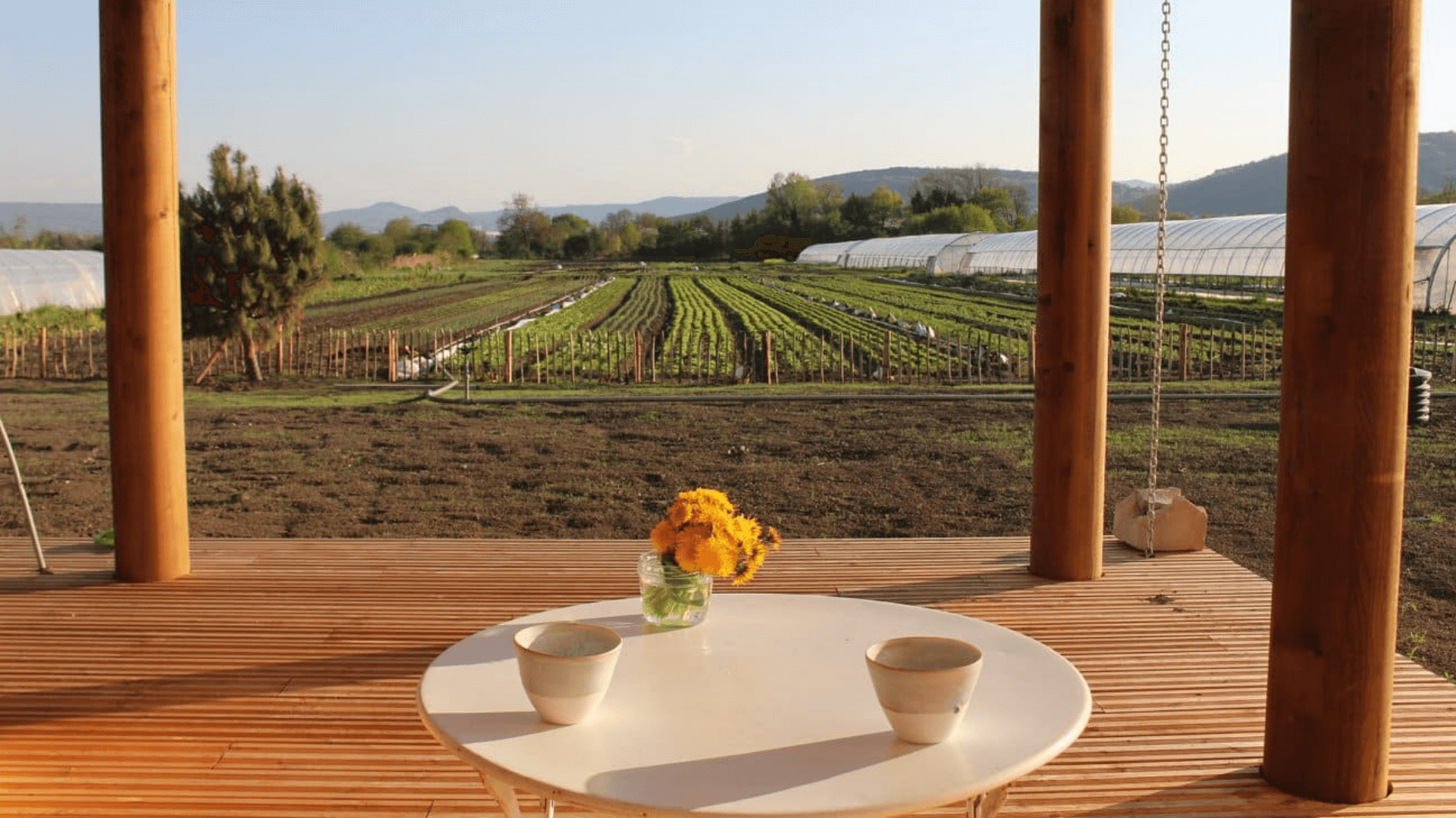 Terrasse pour un brunch d'EVJF qui donne sur un champ
