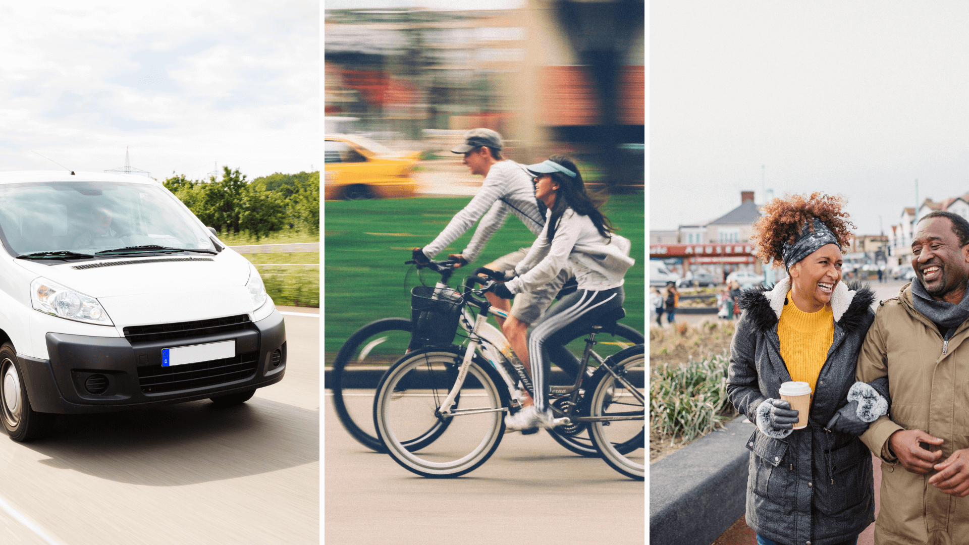 Voiture utilitaire, cycliste à vélo et piétons 