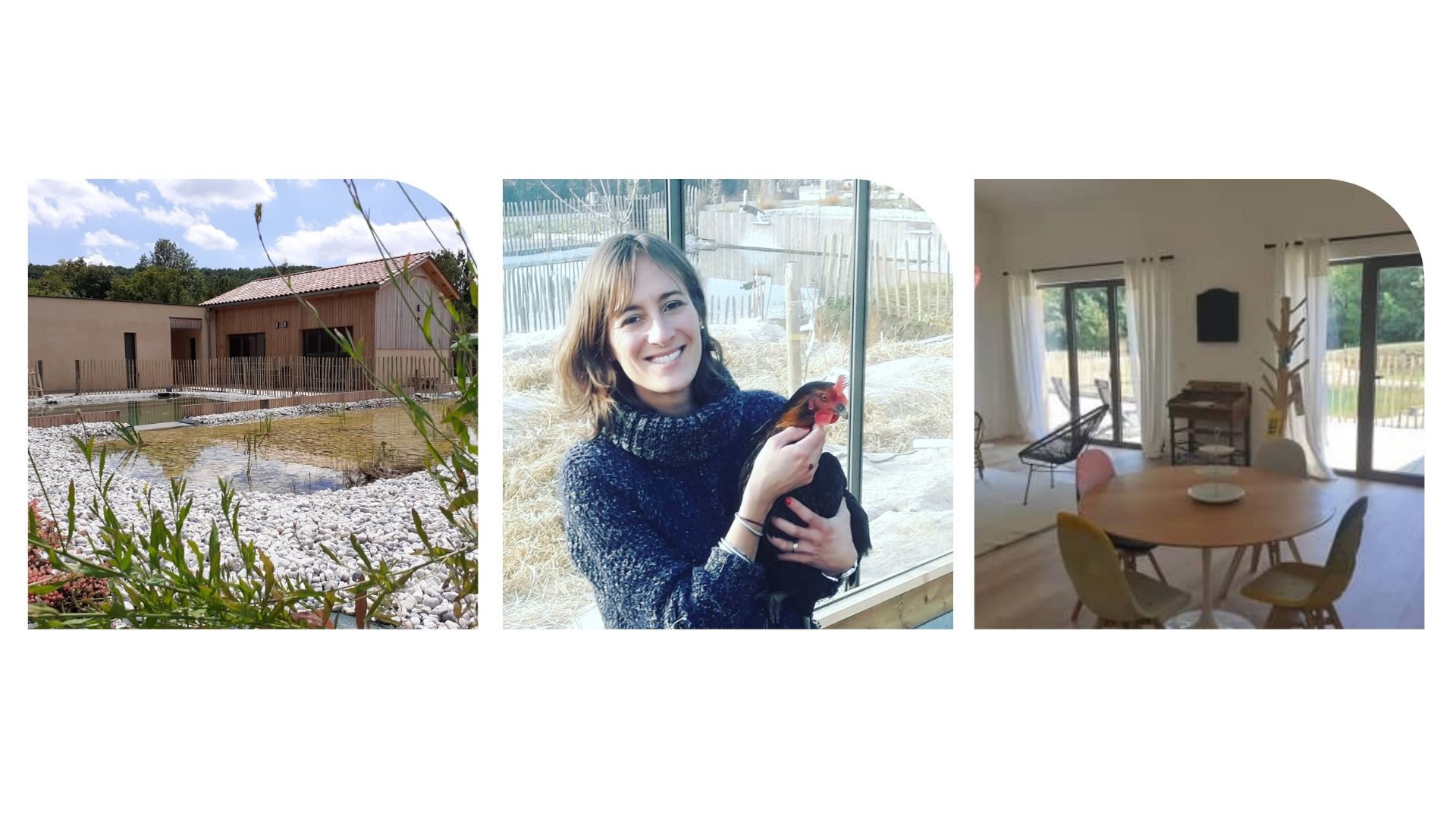 image représentant une ferme, puis une femme tenant une poule dans ses bras 