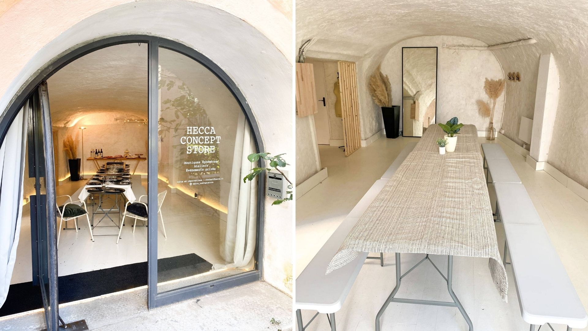 Deux photos représentant la façade du local puis l'intérieur du local avec une table et des bancs 