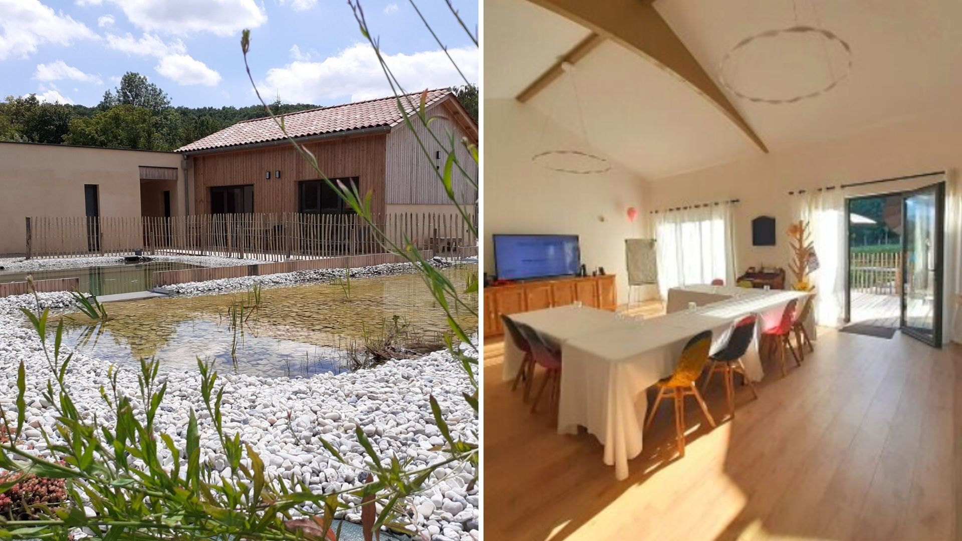 photos représentant une ferme puis une salle de coworking 