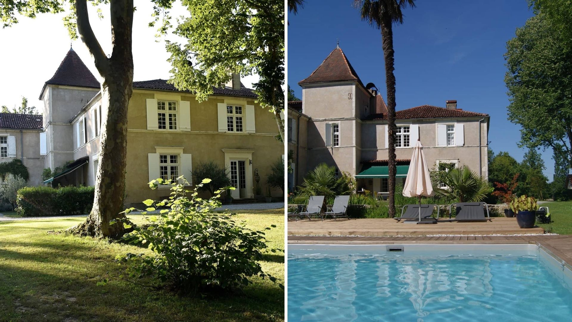 Photos représentant un château au coeur de la nature et une piscine 