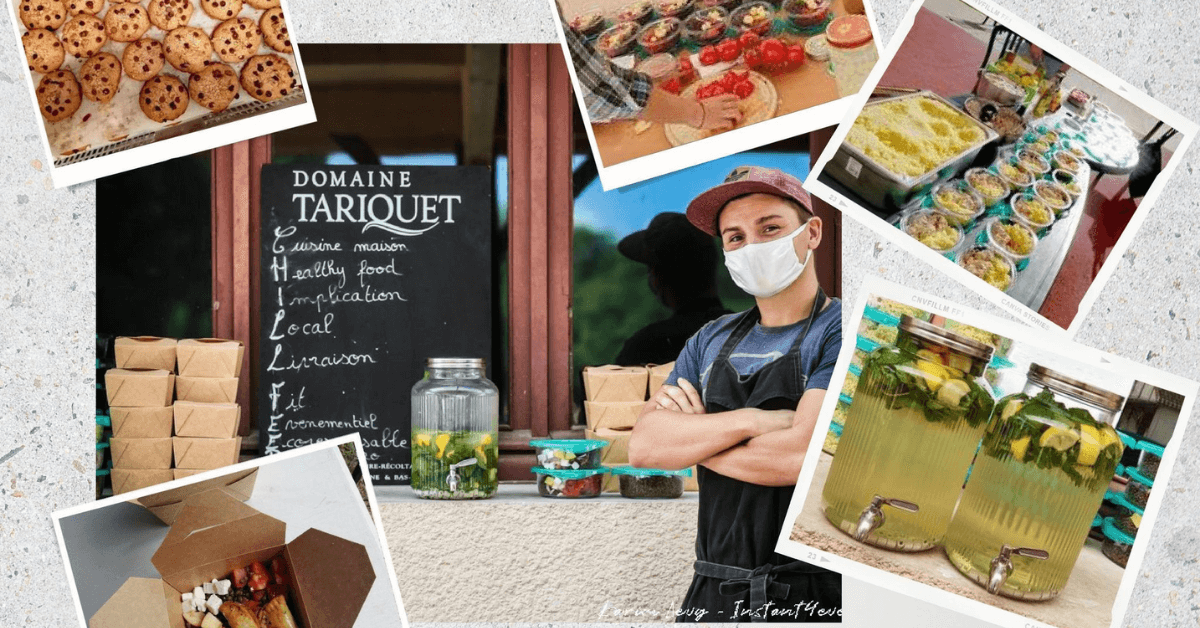 Montage photo de différentes recettes végétariennes et photo du cuisinier