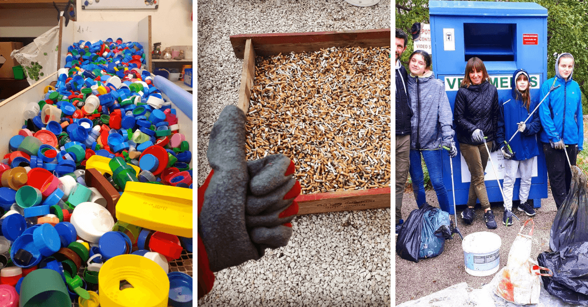 Différentes collectes de Greenminded : bouchons en plastique, mégots et déchets dans la foret