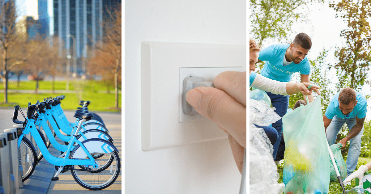 Vélo en ville, personne qui débranche une prise électrique et équipe qui ramasse des déchets dans la nature : entreprise écoresponsable énergies renouvelables