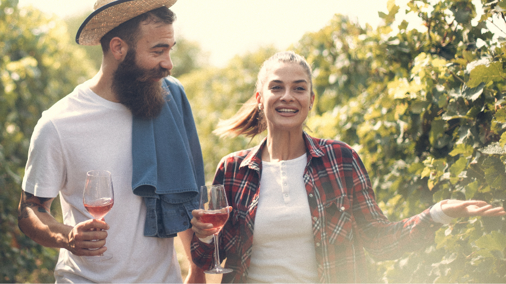 Deux personnes qui dégustent du vin dans une vigne