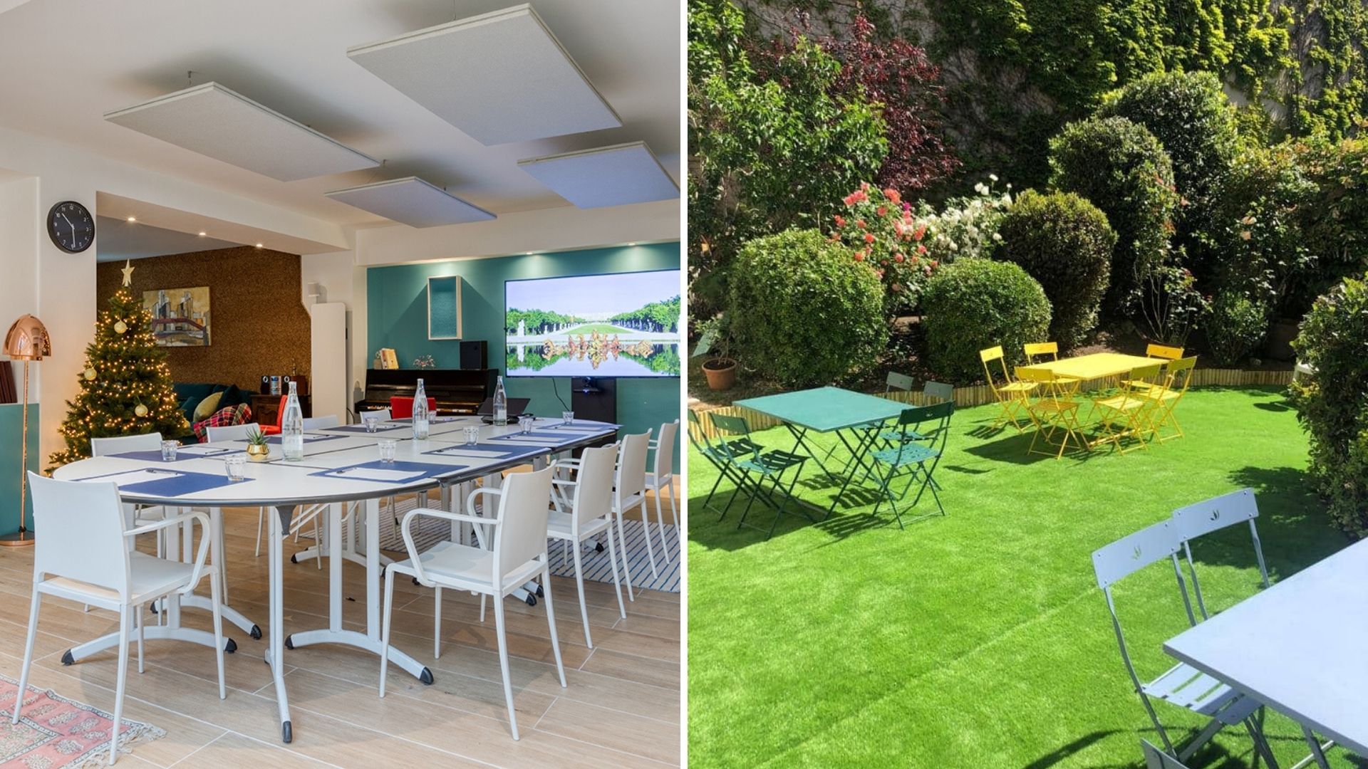 Photo représentant une salle de réunion et la terrasse d'un hôtel