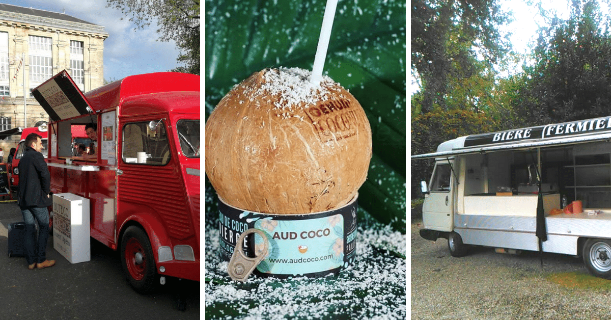 Food truck proposant des boissons et noix de coco avec paille pour boire directement dedans : boissons rafraichissantes maison